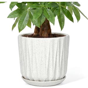 10 Inch Ceramic Planter Pot with Saucer Drainage Leak-Proof Mesh,Flower Pots for Indoor Plants with Gardening Gloves,Ceramic Planter(Waxen White)