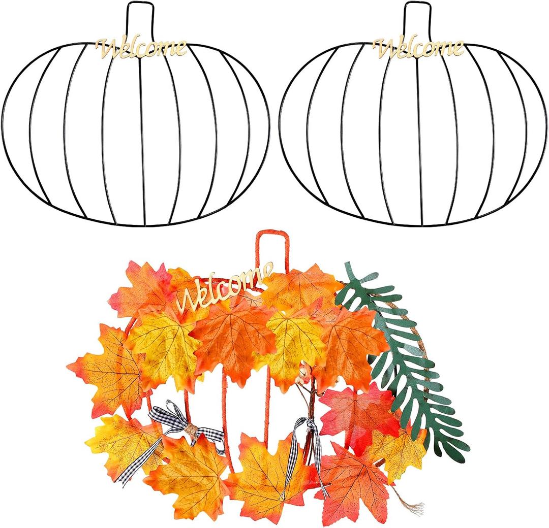 Halloween Pumpkin Wreath Frame Thanksgiving Pumpkin Frame Metal Wire Pumpkin Wreaths Frame Form Floral Fall Pumpkin Wreath with Welcome Sign for Halloween Craft Window Door Holiday Decoration