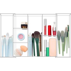 Tranqun Expandable Makeup Drawer Organizer 11~19" W x 11.8'' L x 1.8'' H Clear Acrylic Makeup Organizer Tray 8 Compartments Adjustable Vanity Storage Containers for Cosmetics Jewelry Kitchen Office