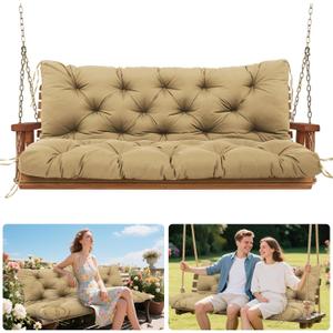 Premium 5" Thick Waterproof Outdoor Swing Cushions 3 Seat Replacement Porch Swing Cushions with Backrest&Ties Bench Cushion for Lawn Outdoor Patio Long Bench Furniture(Khaki 60405inch)