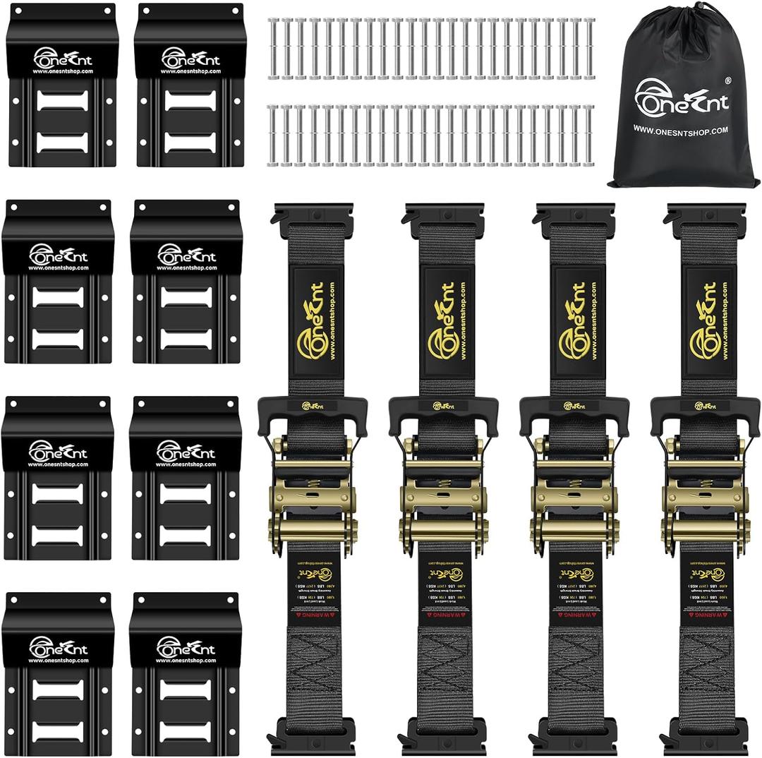 Onesnt 4Pcs E-Track Ratchet Straps with Wheel Chock Kit|2 x10 ft E Track Ratchet Tie Down Straps for 4800 lbs Break Strength Heavy Duty etrack Cargo Strap System Tie Down|E Track Spring Fitting