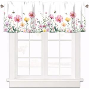 Spring Wildflowers Curtain Valance for Windows Bees Floral Pink Window Treatments 1 Panel Short Curtains for Kitchen Windows Bathroom Bedroom,42 x 12 Inch