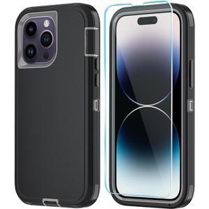 Phone Case for iPhone 14 Pro Case with HD Screen Protector, Heavy Duty Shockproof & DustProof & Dropproof 3-Layer Cover Phone Case for iPhone 14 Pro (6.1'') (BlackGrey)