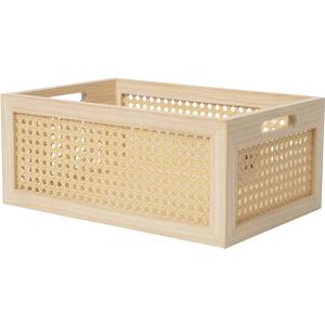 Rattan Storage Basket Wooden Box Wooden Storage Bins Rustic Boho Farmhouse Home Decor Tabletop Desk Shelf Organizer (Original)