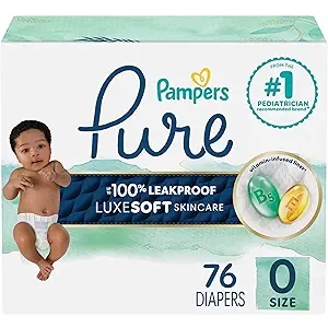 Pampers Pure Protection Baby Diapers, Size 0 (>10 lbs), 76 Count, Up to 100% Leakproof, Premium PlantBased Skin Protection, Hypoallergenic Soft Diapers