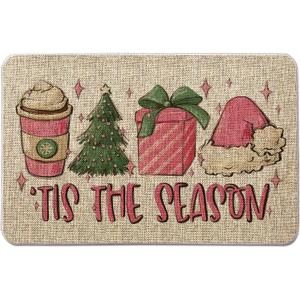 GAGEC Pink Christmas Doormat - 'Tis The Season Entrance Rug, Pink Christmas Decorations Winter Xmas Decor for Home Kitchen Floor Front Door, 17 x 27 Inch