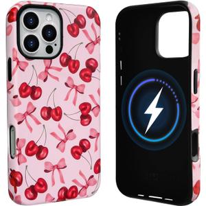 NITITOP Compatible with iPhone 16 Pro Max Case Magnetic Compatible with MagSafe Cute Cherry Bow Ribbon for Women Girls Hybrid 2 Layers Hard Back Shockproof Protective Phone Cover - Matte