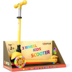 Yellow Mini 3 Wheel Scooter for Kids Lean-to-Steer with LED Light-Up Wheels, Adjustable Handlebar, Wide Anti-Slip Deck, Smooth PU Wheels, Rear Foot Brake Toddler Scooter for Ages 2+