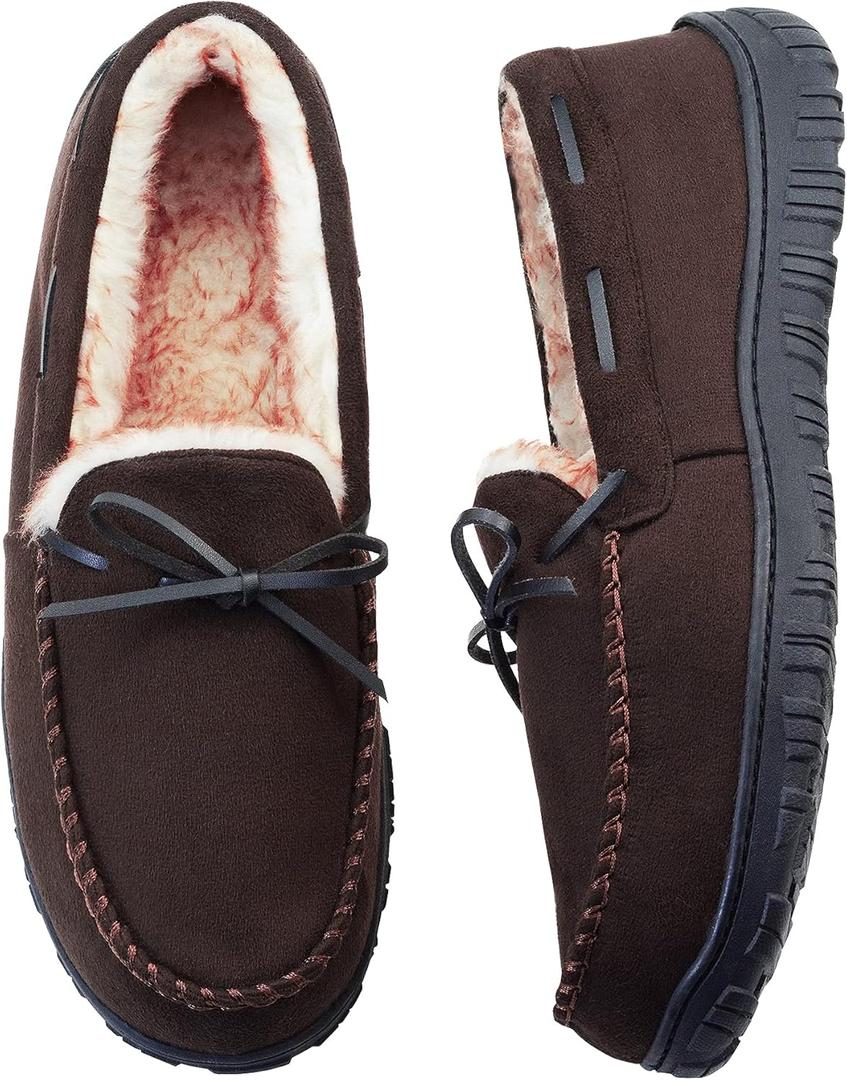 VLLy Mens Moccasin Slippers with Memory Foam Arch Support, Non Slip Rubber Sole House Shoes for Men Machine Washable Warm Fleece Lined Indoor Outdoor Home Shoes (12, Darkbrown)