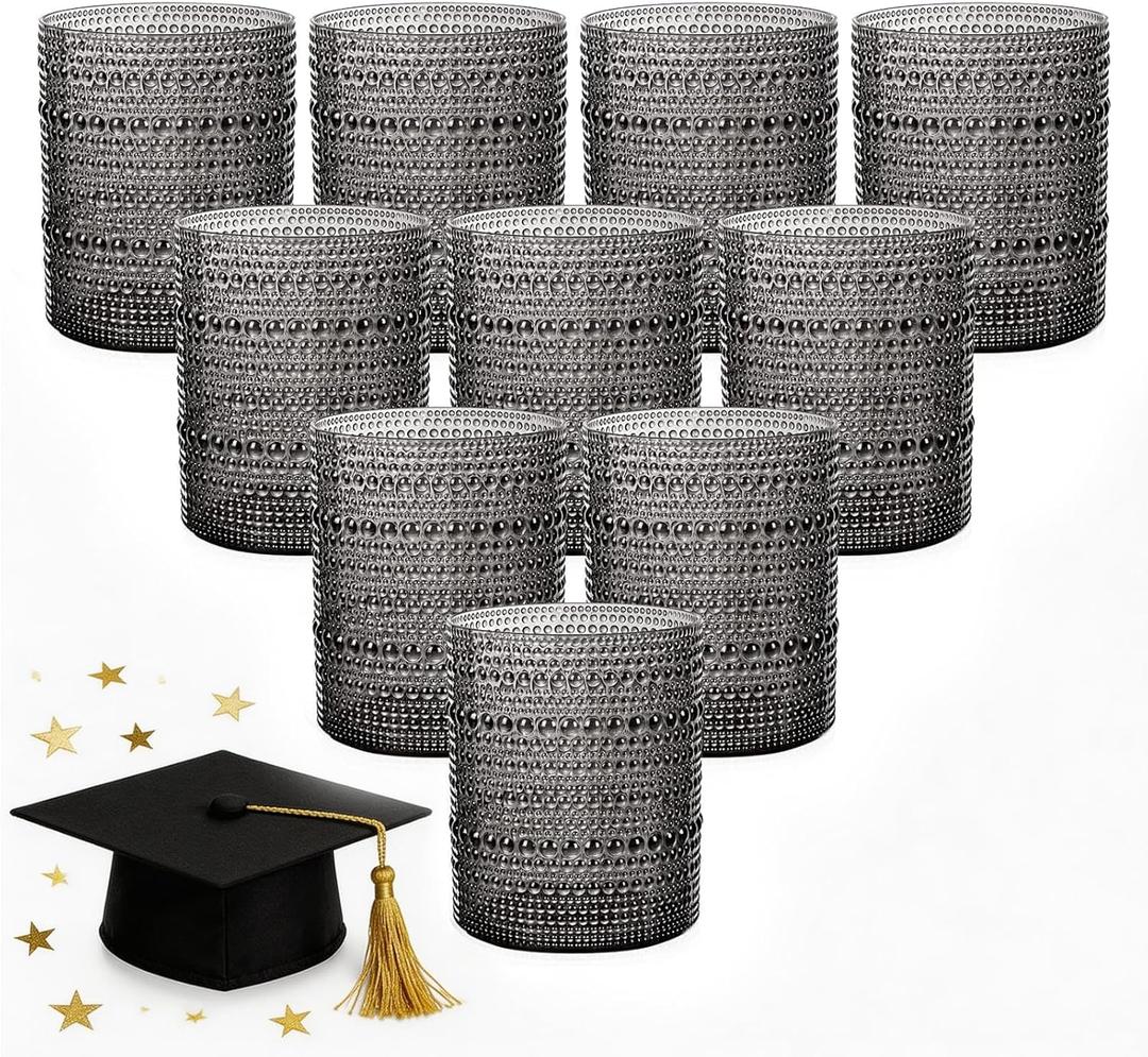 YOUBET 24PCS Plastic Drinking Glasses - 14OZ Black Hobnail Drinkware Glasses - Vintage Glassware Textured Beaded Cups for Water, Beer, Whiskey, Juice and Various Mixed Drinks for Party Graduation