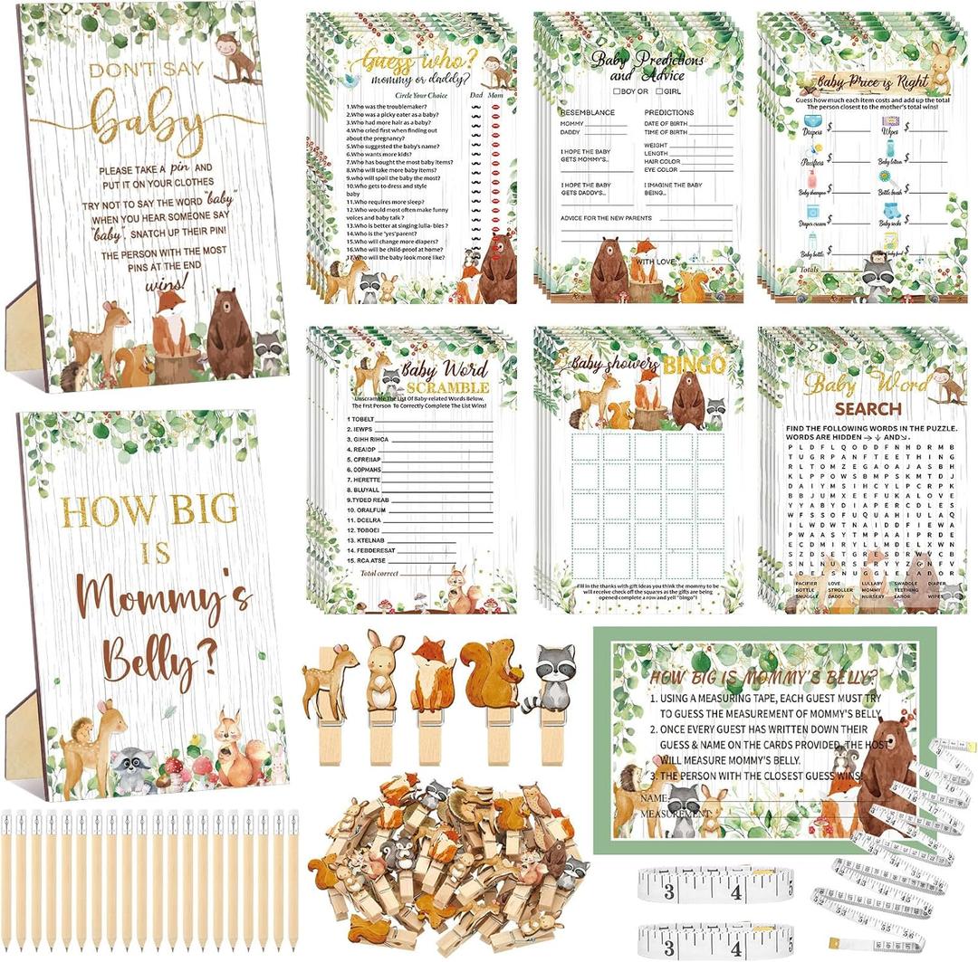 426 Pcs Woodland Baby Shower Games Set-8 Games, Includes Baby Shower Bingo, Price is Right, Guess Who, Word Scramble, Prediction and Advice, How Big is Mommy's Belly, Don't Say The Words (Green)