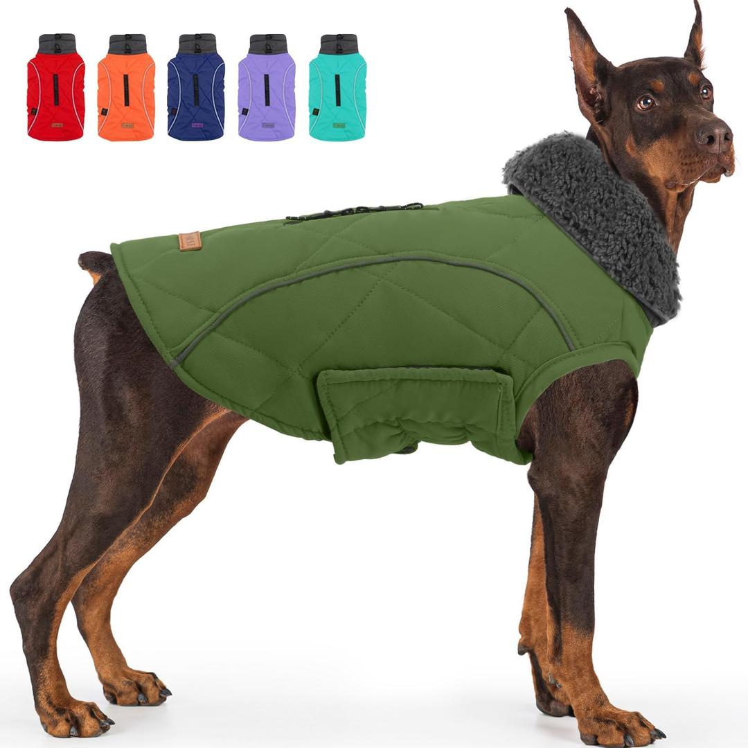 EMUST Winter Coat for Large Dogs, Windproof Dog Jacket for Cold Weather, Extra Warm Pet Winter Clothes for Small Medium Large Dogs, Green, XXL