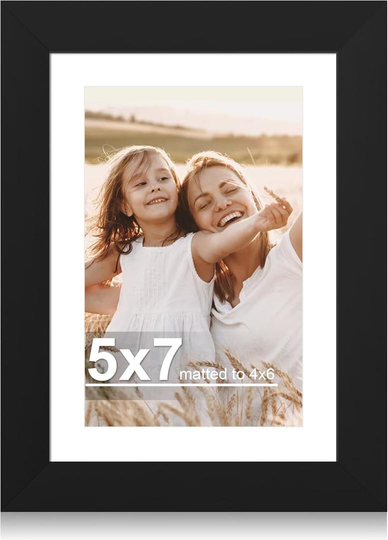Hongkee 5x7 Picture Frame with Glass, Display Pictures 4x6 with Mat or 5 x 7 without Mat - Wall and Tabletop, 5 by 7 Photo Wooden Frames (Black, 1 Pack)