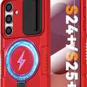 Magnetic Case for Samsung Galaxy S25+ Plus/Galaxy S24+ Plus With Ring Stand Compatible with MagSafe Wireless Charging Screen Protector Military Grade Shockproof Case with Slide Camera Cover, Red