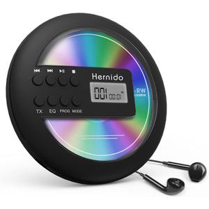 Rechargeable Portable CD Player for Car, Hernido Discman with FM Transmitter, 20 Hours Playtime Personal Compact Disc CD Player, USB MP3 Player with Headphones, Anti-Skip & Resume Playback