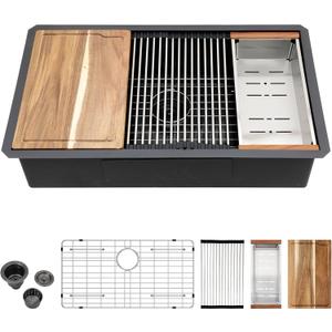Black Undermount Kitchen Sink 30 Inch Stainless Steel Workstation Kitchen Sinks Single Bowl Gunmetal Black Nano PVD 16 Gague Handmade Large Deep Sinks, 30"x19"x9"