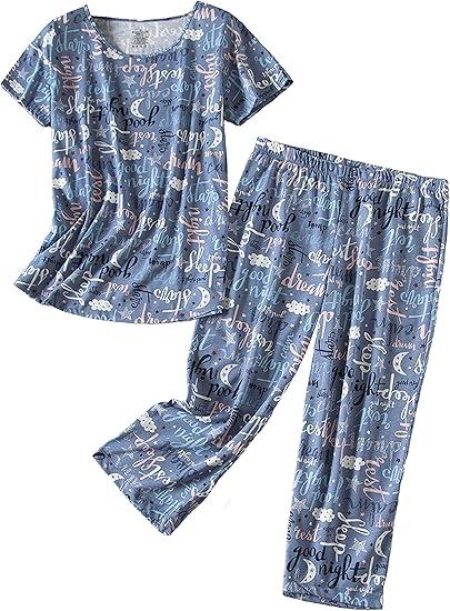 PNAEONG 2 Pack Women's Cotton Pajama Sets Short Sleeve Sleepwear Tops with Capri Pants Summer Loungewear Pj Sets(Good Night+C Star-XXL) PNAEONG 2 Pack Women's Cotton Pajama Sets Short Sleeve Sleepwear Tops with Capri Pants Summer Loungewear Pj Sets(Good Night+C Star-XXL)