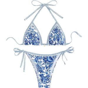 WIDIRARA Women's 2 Piece Boho Swimsuits Floral Print Halter String Triangle Bikini Set Beach Bathing Suit (Blue), Size 3XL