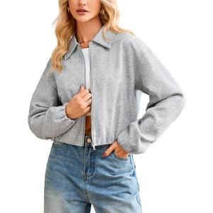 YEXPINE Women's Zip Up Sweatshirt Long Sleeve Cropped Bomber Jacket Spring Outerwear with Welt Pockets