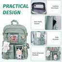 Kawaii Backpack for Girls, Cute Aesthetic Backpack with Pin Accessories Plush Pendant for School Girl Bookbag (Green)