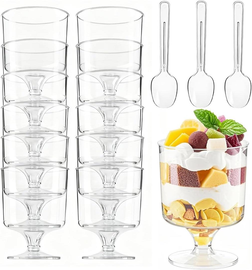 50Pack 5oz Plastic Dessert Cups with Spoons, Clear Round Parfait Yogurt Cups, Appetizer Pudding Shooter Fruit Trifle Ice Cream Mousse Cup for Party (5 oz)