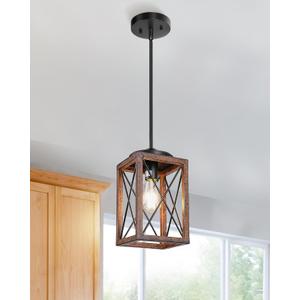 DEWENWILS Farmhouse Pendant Light, Metal Hanging Light Fixture with Wooden Grain Finish, 48 Inch Adjustable Pipes for Flat and Slop Ceiling, Kitchen Island, Bedroom, Dining Hall, E26 Base (Brown)