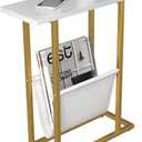 Yusong Small Narrow Side Table for Small Spaces, 17.7" W Slim End Table Magazine Table Nighstand with Storage Holder, Accent Skinny Snack Couch Bedside Table, Gold White, Complete Iron Pipes