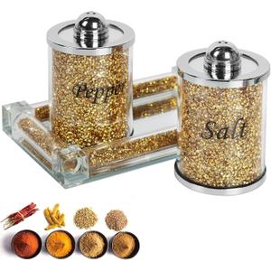 Crystal Salt and Pepper Shakers Set with Tray,Sparkly Crystal Crushed Diamond House Decor for Kitchen,Bling Salt Pepper Jar Container Pot for Countertop,Elegant kitchen salt cabinet,Gold