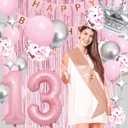 Happy 13th Birthday Decorations - Pink & Silver Balloons, Fringe Curtain, Crown Star Balloon for Her 13 Years Old Princess Party