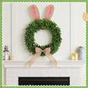 Suncalla 19 inch Easter Bunny Wreath for Front Door Artificial Bunny Wreath with Bow Faux Boxwood Bush Plants Rabbit Spring Door Wreaths for Home Indoor Outdoor Window Wall Party Decor
