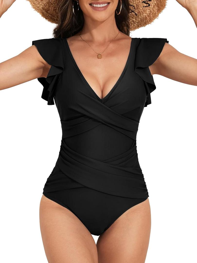 B2prity Women's One Piece Swimsuit Ruffle Slimming Tummy Control Bathing Suit Criss Cross High Waist 1 Piece Swimwear (X-Large, Black)