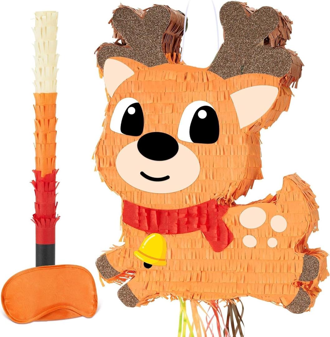 Christmas Reindeer Pinata, Pinata Pack with Bandage and Bat for Christmas Party Decoration, Bright Brown
