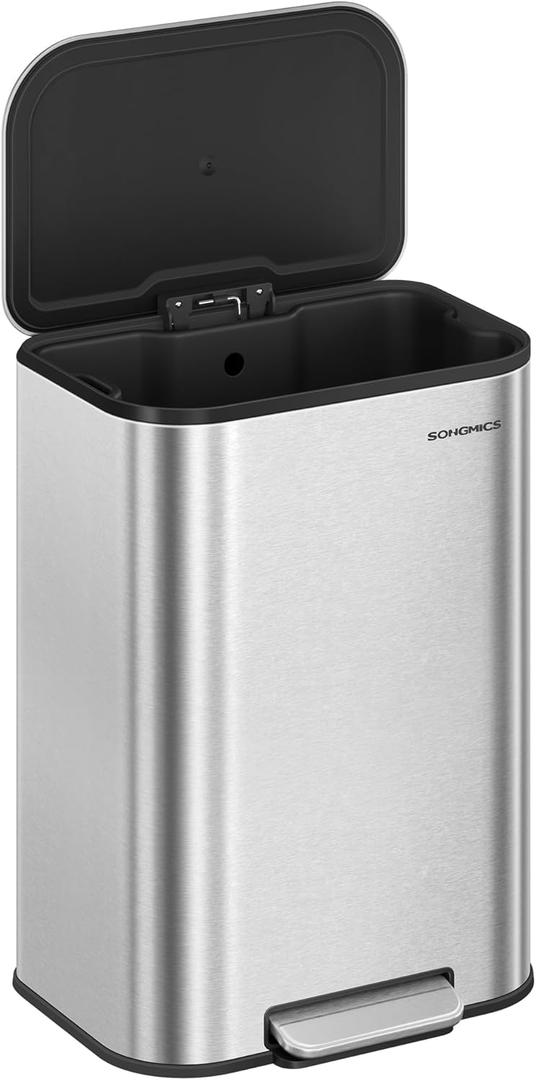 SONGMICS Kitchen Trash Can, 13-Gallon (50 L) Garbage Can with Lid, Stainless Steel, Soft Close and Stays Open, Inner Bucket, Wide Non-Slip Pedal, Metallic Silver ULTB547E01