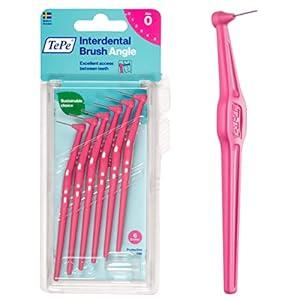 TePe Interdental Brush Angle, Angled Dental Brush for Teeth Cleaning, Pack of 6, 0.40 mm, Extra-Small/ Small Gaps, Pink, Size 0