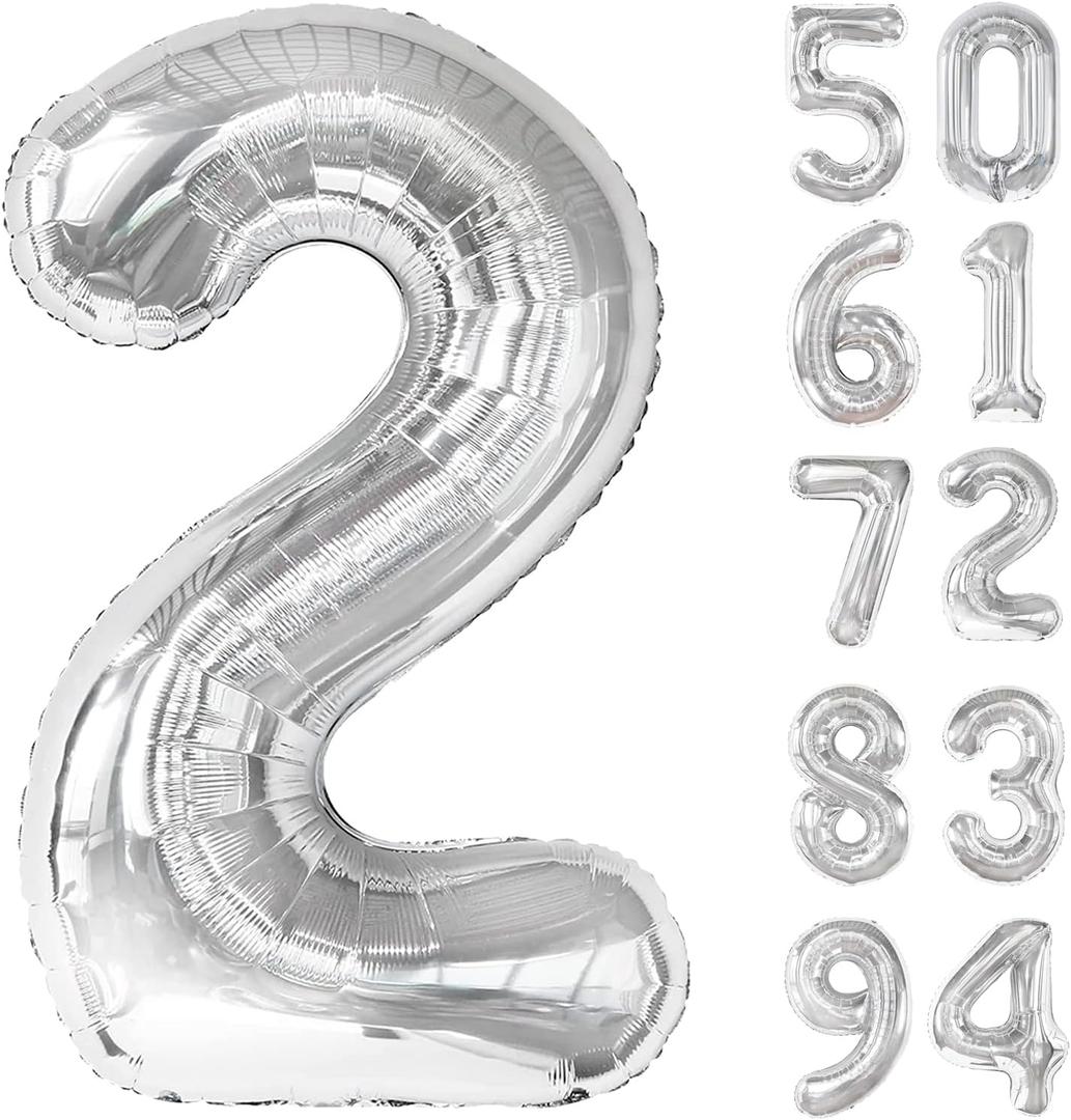 Silver 2 Balloon, Number Balloons 40 Inch, 2nd Balloon Number Birthday Decorations, Two Second Birthday Party Supplies, Number 2 Balloon