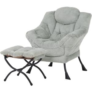 Welnow Lazy Chair with Ottoman, Modern Lounge Accent Chair with Armrests and a Side Pocket, Leisure Sofa Armchair, Reading Armchair with Footrest for Small Space, Plush Green