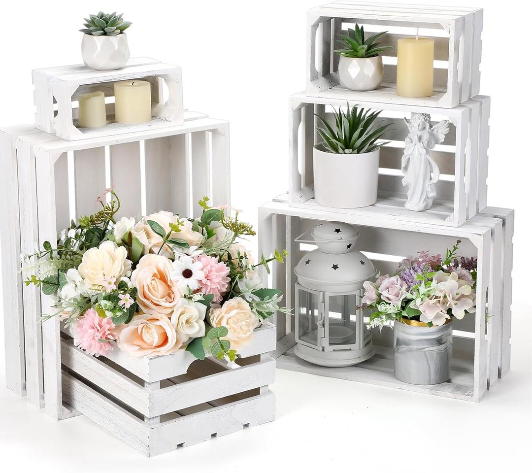CroBlissful 6 Pcs Decorative Wood Crates for Storage Display Rustic Nesting Crates with Handle Farmhouse Wooden Storage Container Boxes for Wedding Baby Shower Birthday Party(Vintage White)