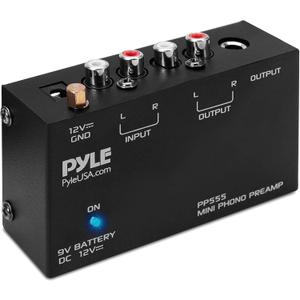 Pyle Phono Turntable Preamp - Mini Stereo Preamplifier with 9V Battery - 12V DC Power Adapter - RCA Input/Output - Low Noise - Ideal for Phonograph and Vinyl - PP555