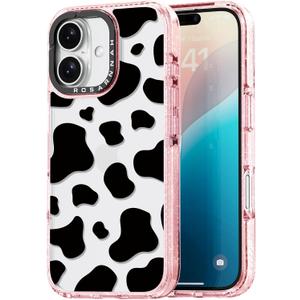 Compatible for iPhone 16 Case Cute - Durable Shockproof 6.6 ft Drop Impact Phone Case - Glitter Pink Funny Milk Cow Print Design for iPhone 16 6.1"