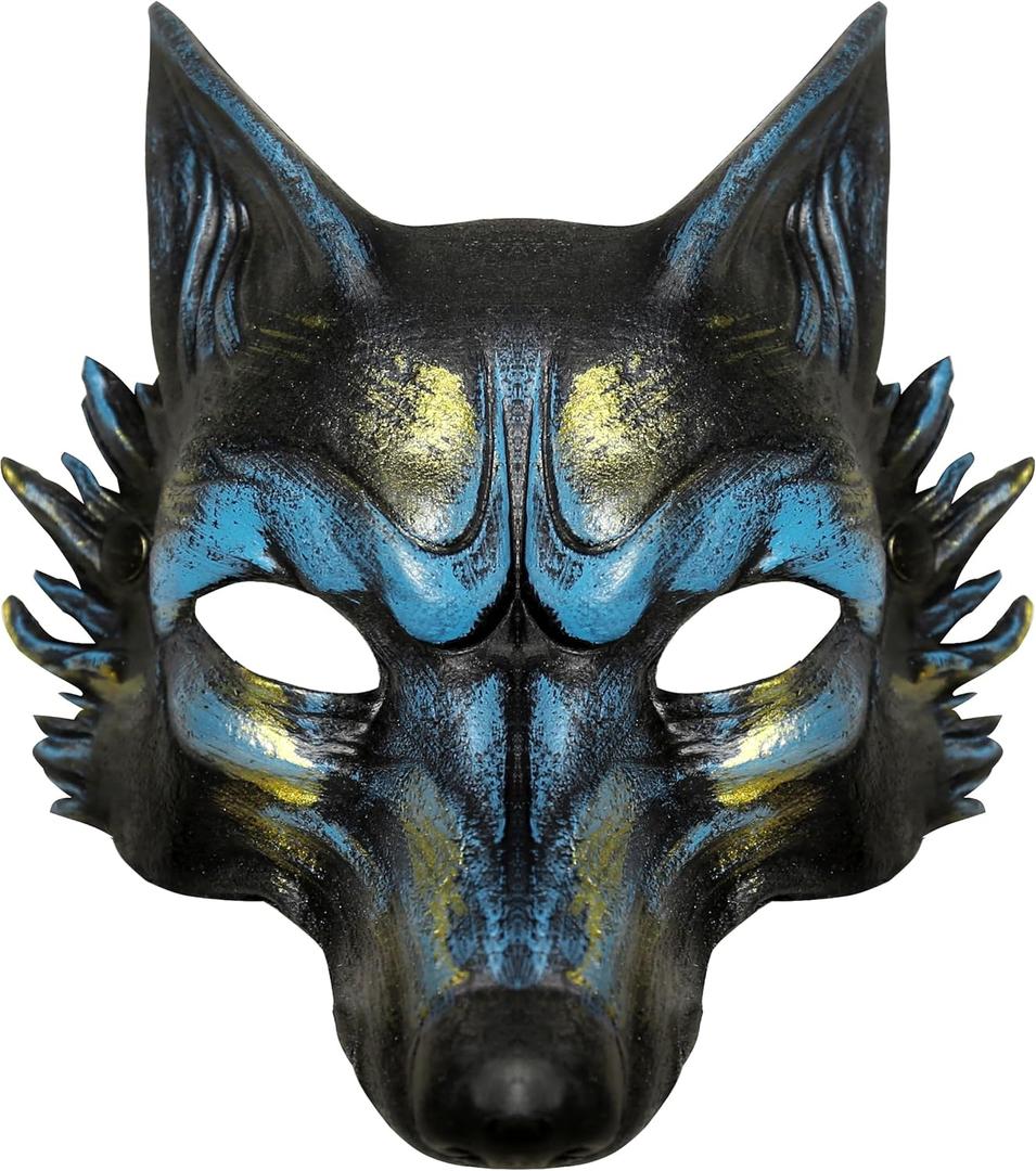 MCJC Halloween Wolf Mask, Werewolf Half Face Costume Mask,Masquerade Accessory (Blue)