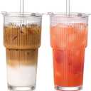 GOSCHE 20oz Ribbed Glass Tumbler with Straw and Lid, Clear Iced Coffee Cups Vintage Glassware, Glass Cups with Lids and Straws for Smoothie Water Tea Juice, Clear, 2 Pack