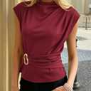 PRETTYGARDEN Women Blouses Spring Dressy Cap Sleeve Mock Neck Work Shirts Buckle Tunic Summer Business Casual Tops 2026 (Red, S)