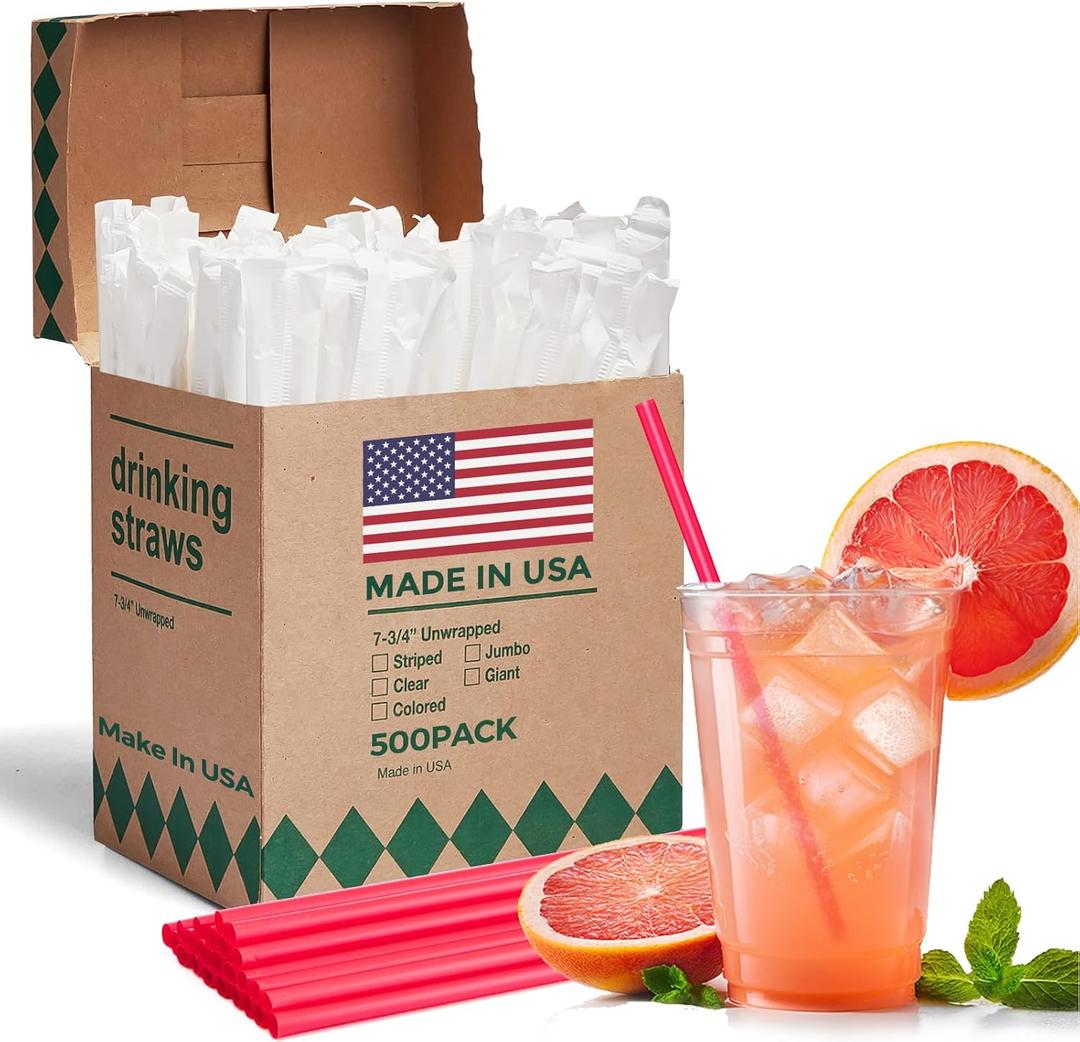 Glotoch Express 500 PCS Individually Wrapped Red Plastic Straws, 7.75'' Long, 0.24'' Diameter Disposable Drinking Straws for Every Occasion, Party, Made in USA
