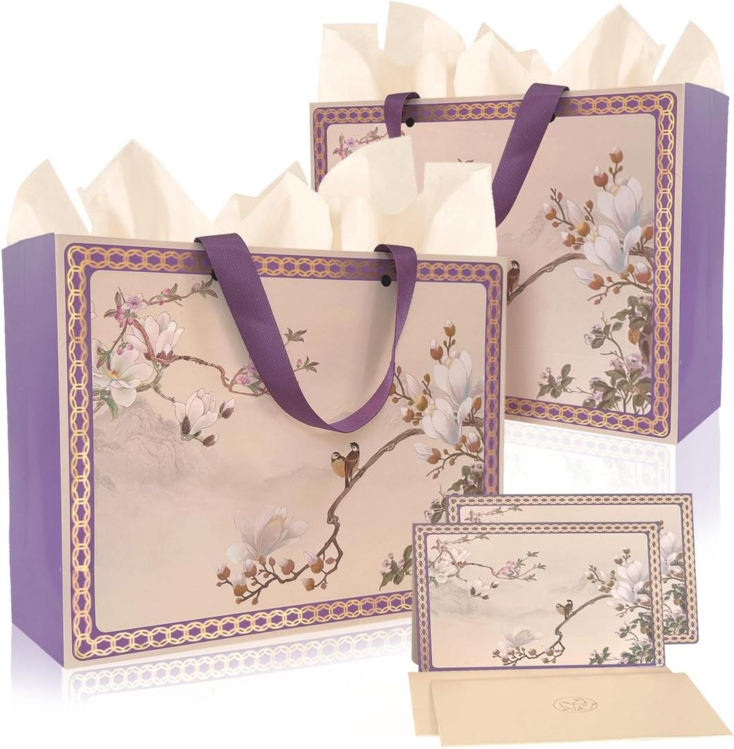 Ziletafei 2 Pack Large Purple Chinoiserie Gift Bags with Tissue Paper, Greeting Cards & Envelopes, 13 x 10.2 x 4.7 in Floral Crane Paper Gift Bag Set for Women, Birthday, Wedding(2-PCS Purple)