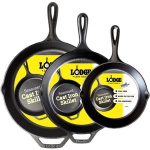 Lodge Seasoned Cast Iron Skillet Set  PFASFree, NonToxic Cookware  Use with an Oven, Stove, Grill, or Campfire  Naturally NonStick & Oven Safe  8, 10.25 & 12 Inches