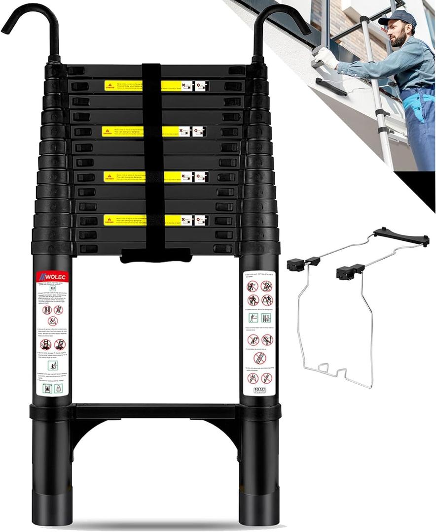 16.5 FT Telescoping Ladder with Stabilizers, Adjustable Multi-Purpose Collapsible Extension with Hooks & Wheels, Heavy Duty 330 lbs Max Capacity, Ideal for Home and Outdoor Work,Black