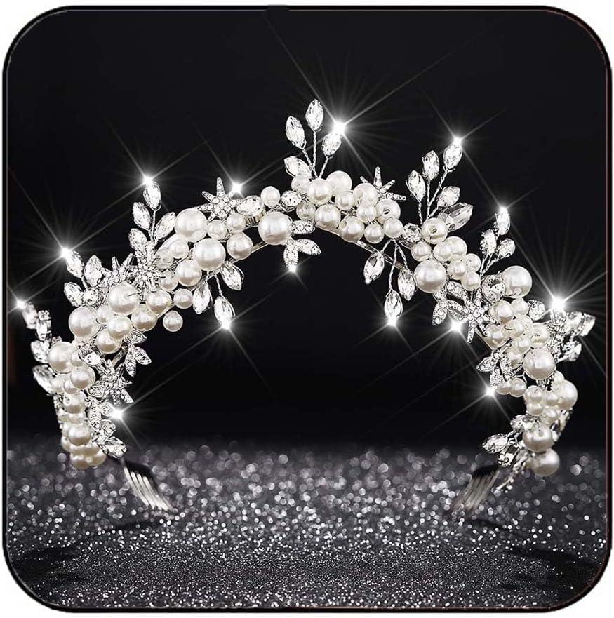 Fashey Star Wedding Tiaras and Crowns Silver Bride Headbands Pearl Headpieces Rhinestone Bridal Hair Accessories for Women