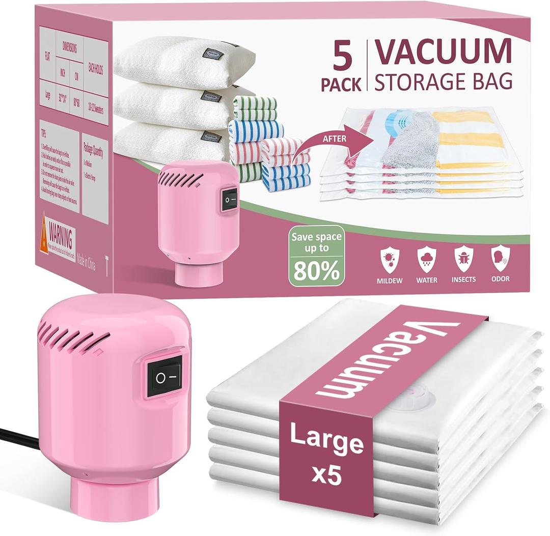 Vacuum Seal Bags for Clothing Travel, 5 Pack Space Saver Vacuum Storage Bags with Electric Pump,Portable Compression Sealer for Clothes, Blankets, Bedding & Travel Essentials,Good for Luggage Packing (Pink Large X5)