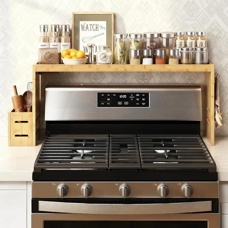 Bamboo Over the Stove Shelf 31in - Durable Stove Shelf for Back of Stove with Non-Slip EVA Liner, 6 Hooks & Utensil Holder, Spice Rack for Standard Stoves (Yellow)