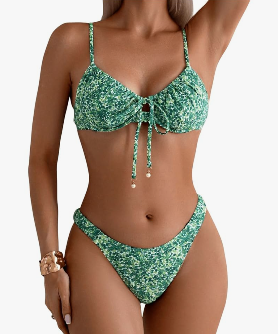 SOLY HUX Women's 2 Piece Bikini Sets Boho Floral Print Underwire Swimsuit Tie Front Cut Out Bathing Suit Size L